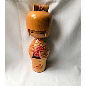 Japanese Kokeshi Doll With Hair  Bow Kimono Pink Carved Dots 10.5 “